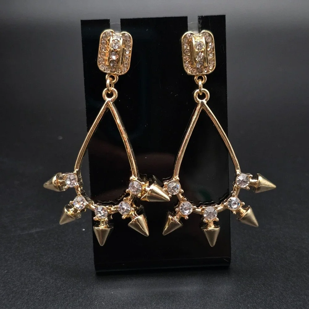Gold Tone Rhinestone Studded Spike Hoop Earrings Pierced Edgy Punk